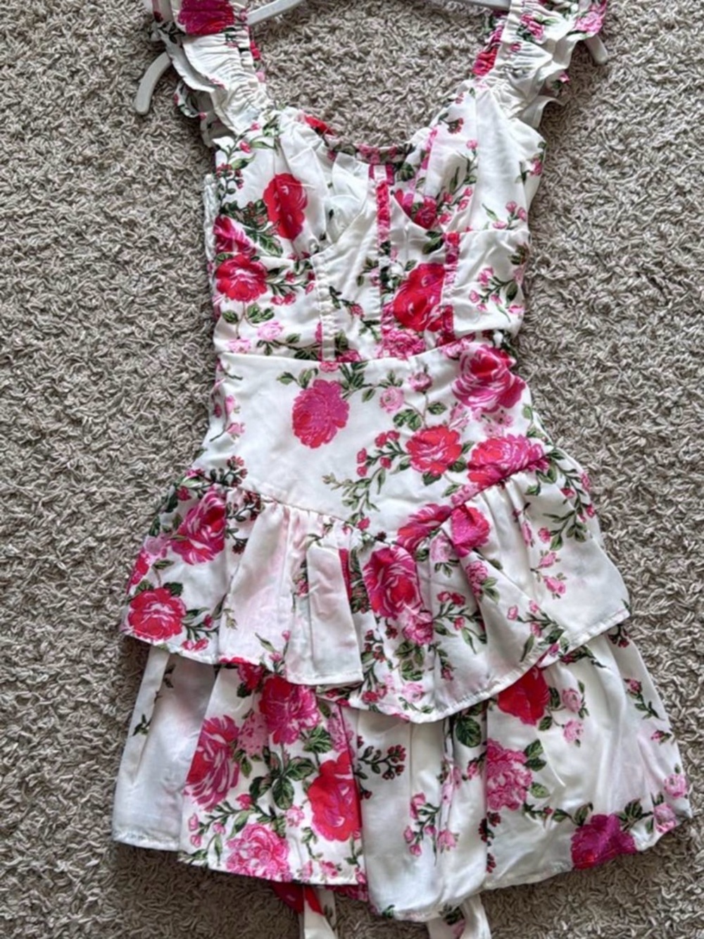 White Floral Ruffle Dress with Pink Rose Print